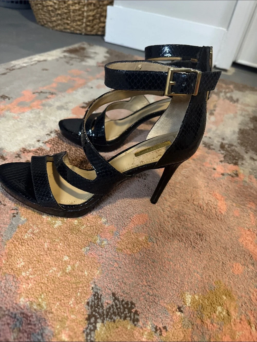BCBGeneration Black Faux-Snakeskin Strappy High Heels